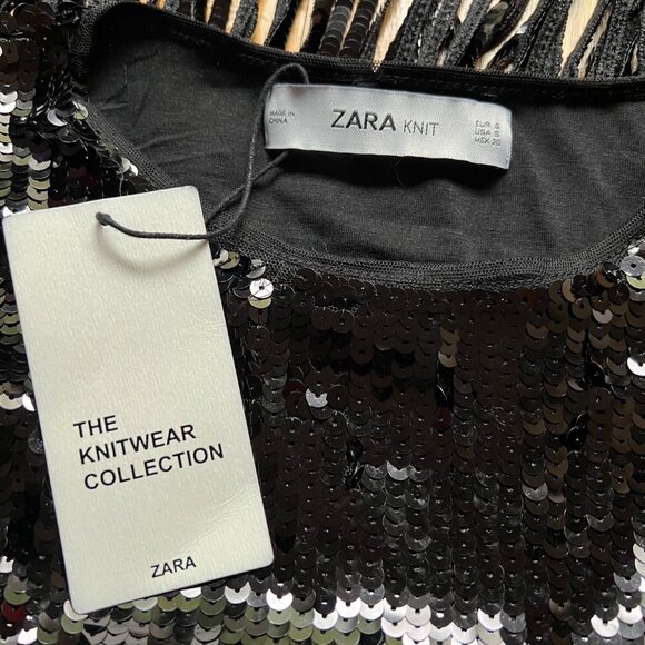 Zara Knit Size S Black Round Neck Short Sleeve Sequin Fringe Hem Top NWT - Picture 9 of 16
